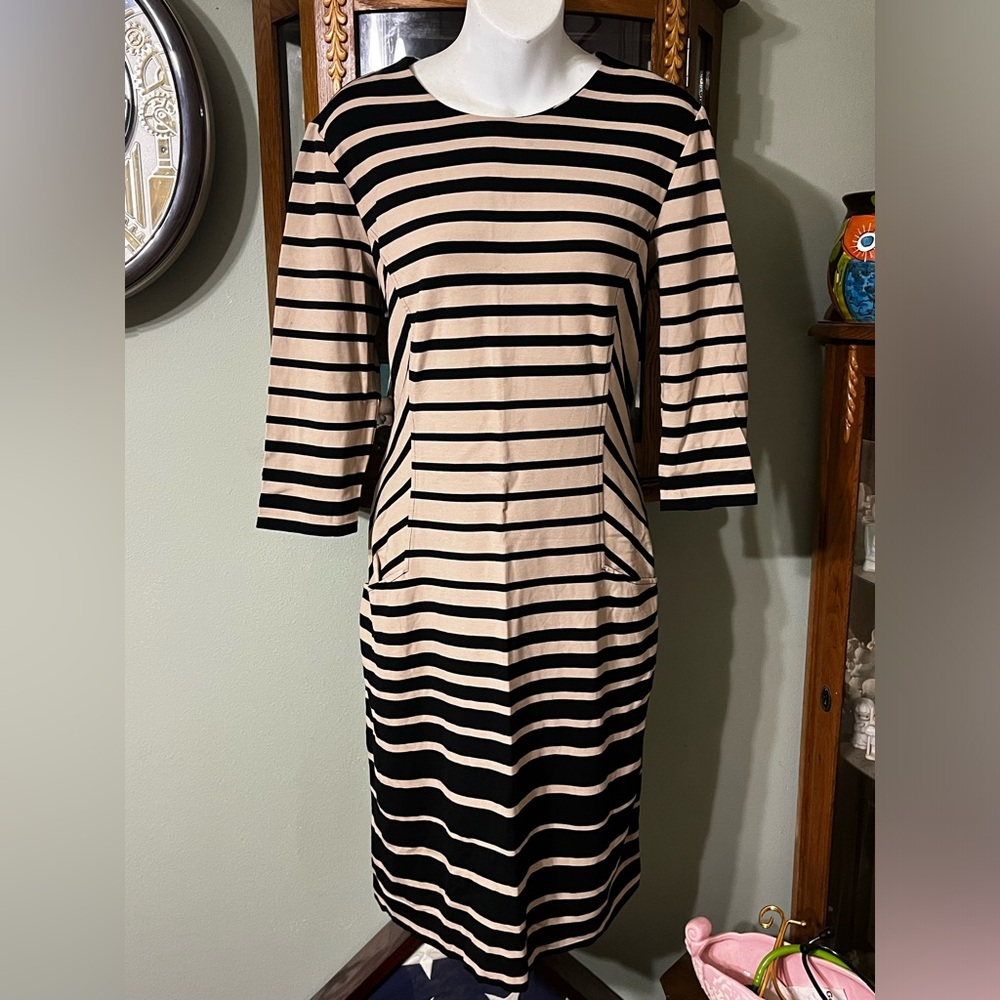J. McLaughlin Beige Black Striped Fall Winter Pockets 3/4 Sleeve Dress Large